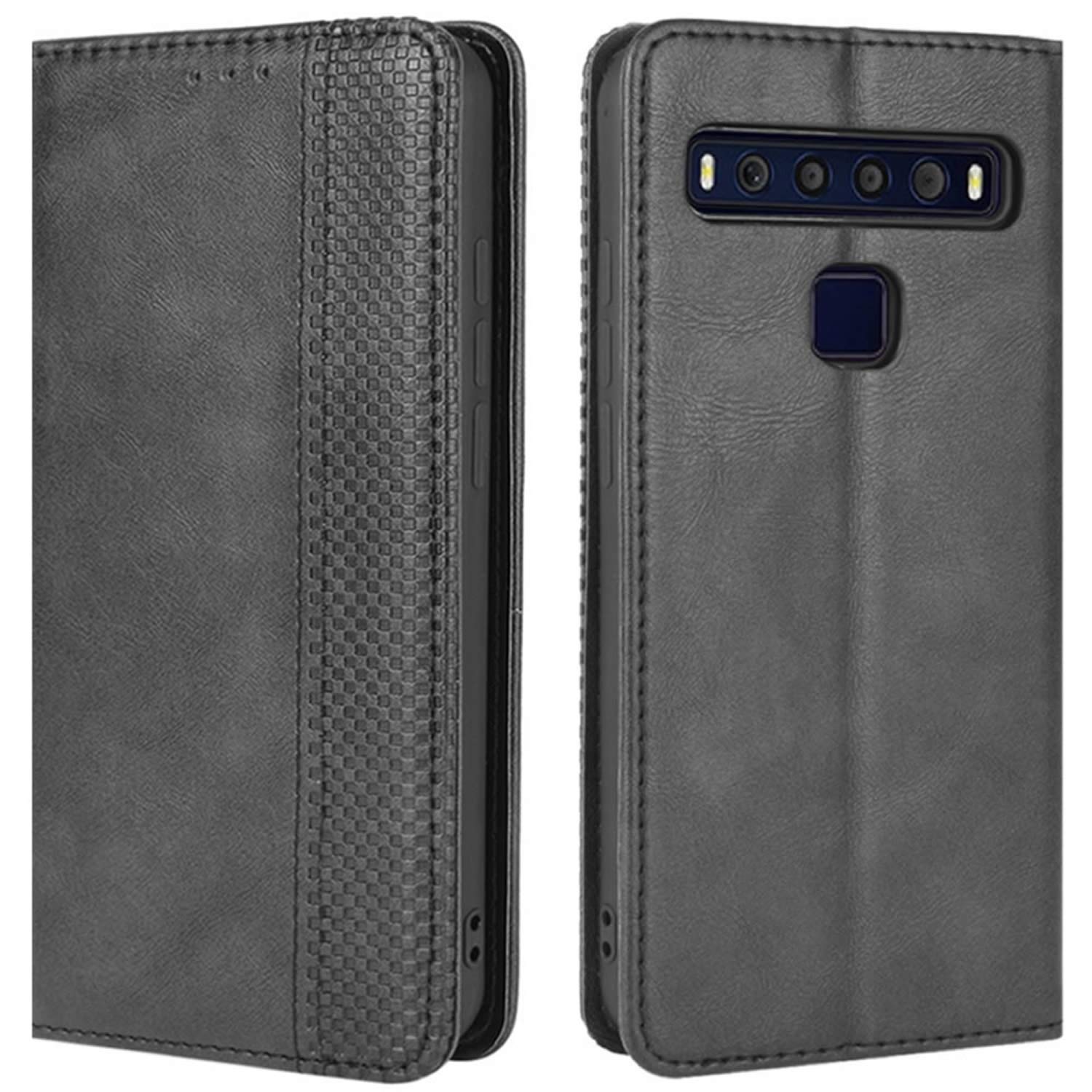 HualuBro Case for TCL 10L / TCL 10 Lite Phone Case, Retro PU Leather Magnetic Full Body Shockproof Kickstand Folio Flip Wallet Case Cover with Card Holder (Black)