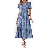 Simplee Womens Summer Boho Maxi Dress Semi Formal Wedding Guest Short Sleeve V Neck Empire Waist Floral Long Dresses