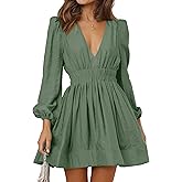 FAIABLE Mini Deep V Sexy Long Sleeve Dress for Women A-line High Waisted Casual Flowy Dress for Cocktail Wedding Guest