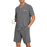 PrinStory Mens Pajamas Set Summer Pjs Sets Lightweight Short Sleeve Pajama Soft Sleepwear Loungewear with Pockets