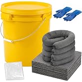 DoubleFill 41 Pcs Universal Spill Kit 9 Gallon Oil Water Absorbent | 1 Yellow Bucket, 30 Pads, 4 Socks, Gloves, Bags, Osha Approved, for Workshop Garage Lab Oil Water Spill Emergency Response