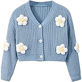 WDIRARA Girl's Cute Open Front Button Down Cardigans Long Sleeve Floral Flower Applique Knit Sweaters