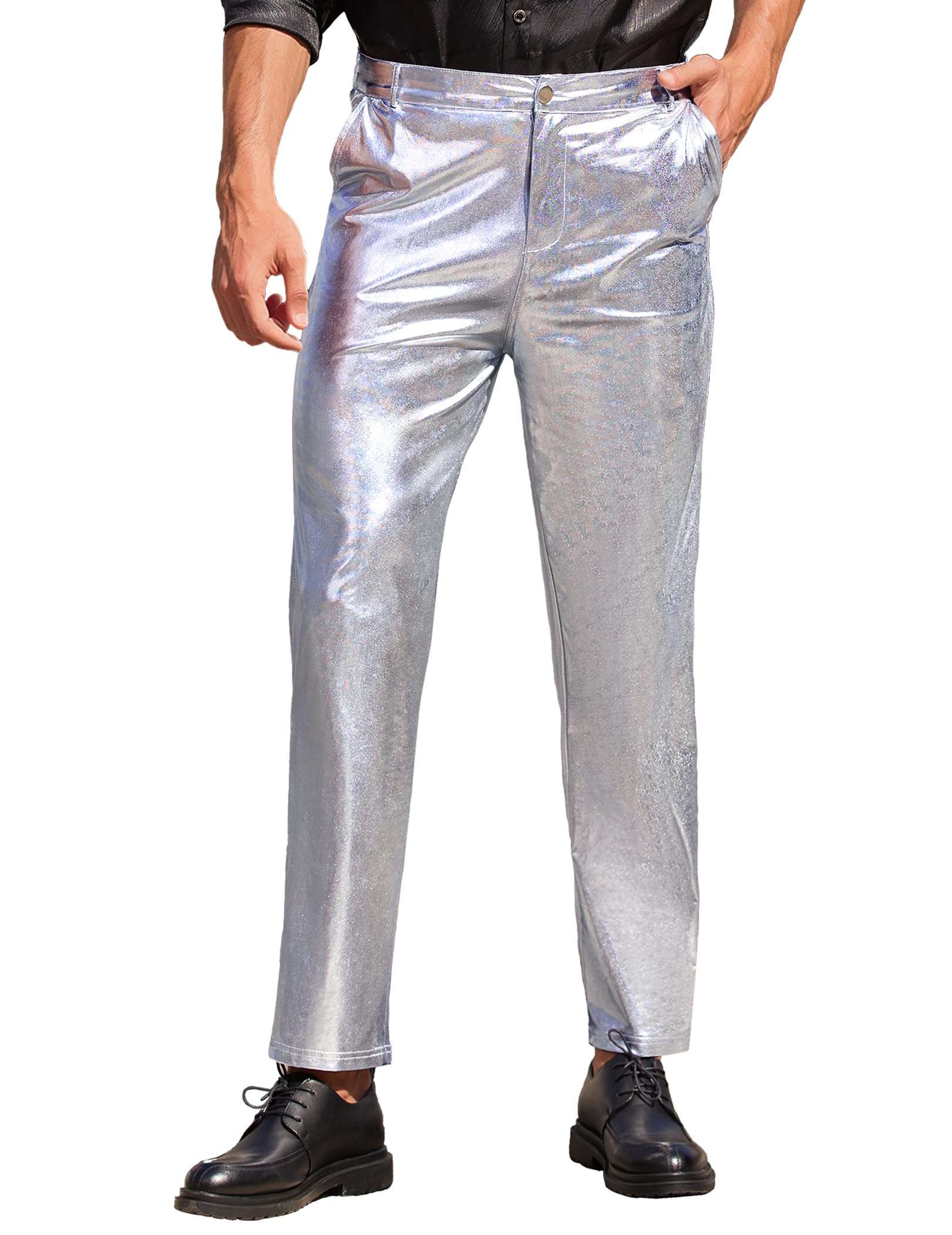 COOFANDY Men's Nightclub Metallic Silver Pants