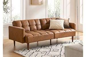 mopio Futon Sofa Bed, Couch, Loveseat, Sleeper Sofa, Mid Century Modern Futon Couch, Sofa Cama, Couches for Living Room (Aaron PU, Pecan Brown)
