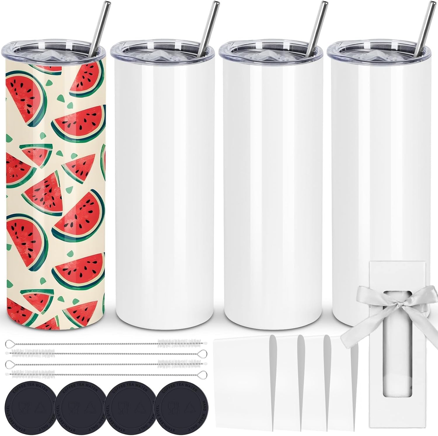 LATERN 4Pcs Straight Sublimation Tumblers, 600ml Stainless Steel Double Wall Insulated Cups Blank White Sublimation Cans with Lid, Straw, Gift Box, Polymer Coating for Heat Transfer