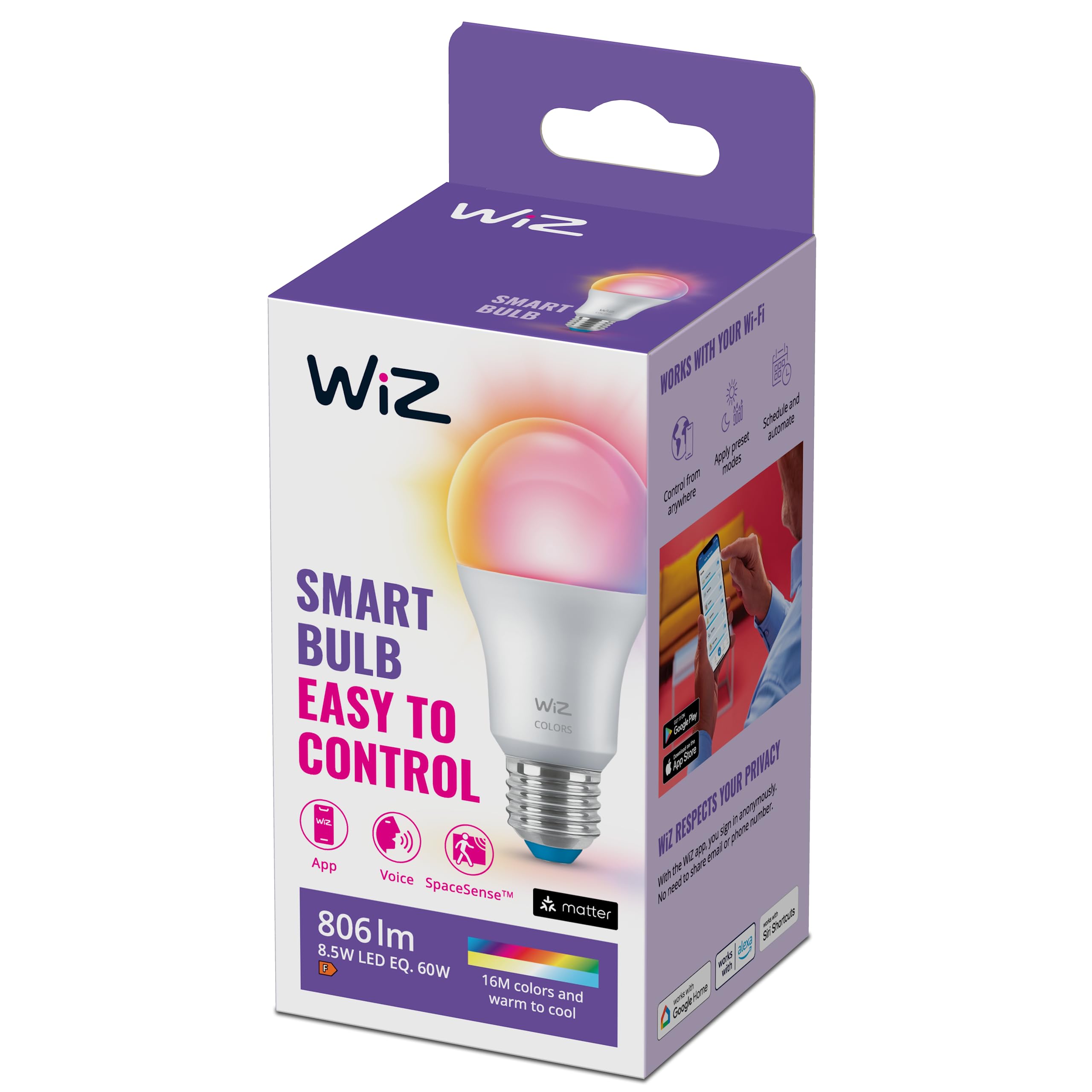 WiZ Smart Colour Bulb, E27, 8.5W, Motion Sensor with App, Dynamic Scenes,Connected WiFi Works with Alexa, Google Assistant & HomeKit, App Control for Home Indoor Lighting, Bedroom, Energy Monitoring — image 1