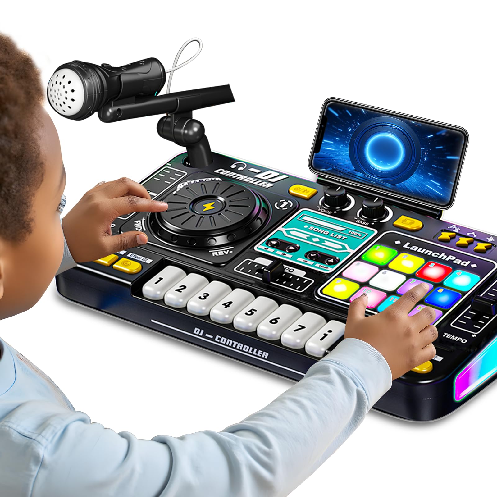 Photo 1 of ***** MISSING MIKE STAND AND CHARGER **** Kids DJ Mixer Controller Table Musical Toy Electronic Toy with LED Lights Sound Effect Microphone Piano DJ Board Key Musical Instruments Birthday Gift Toys for 3 4 5 6 7 Year Old Boy Girl