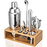 Cocktail Shaker Set, 18/8 Food-Grade Stainless Steel Mixology Bartender Kit 10-Piece Bar Tools with Stylish Bamboo Stand - Rust-Proof & Dishwasher Safe - Professional Martini Shaker Gift for Men, Dad