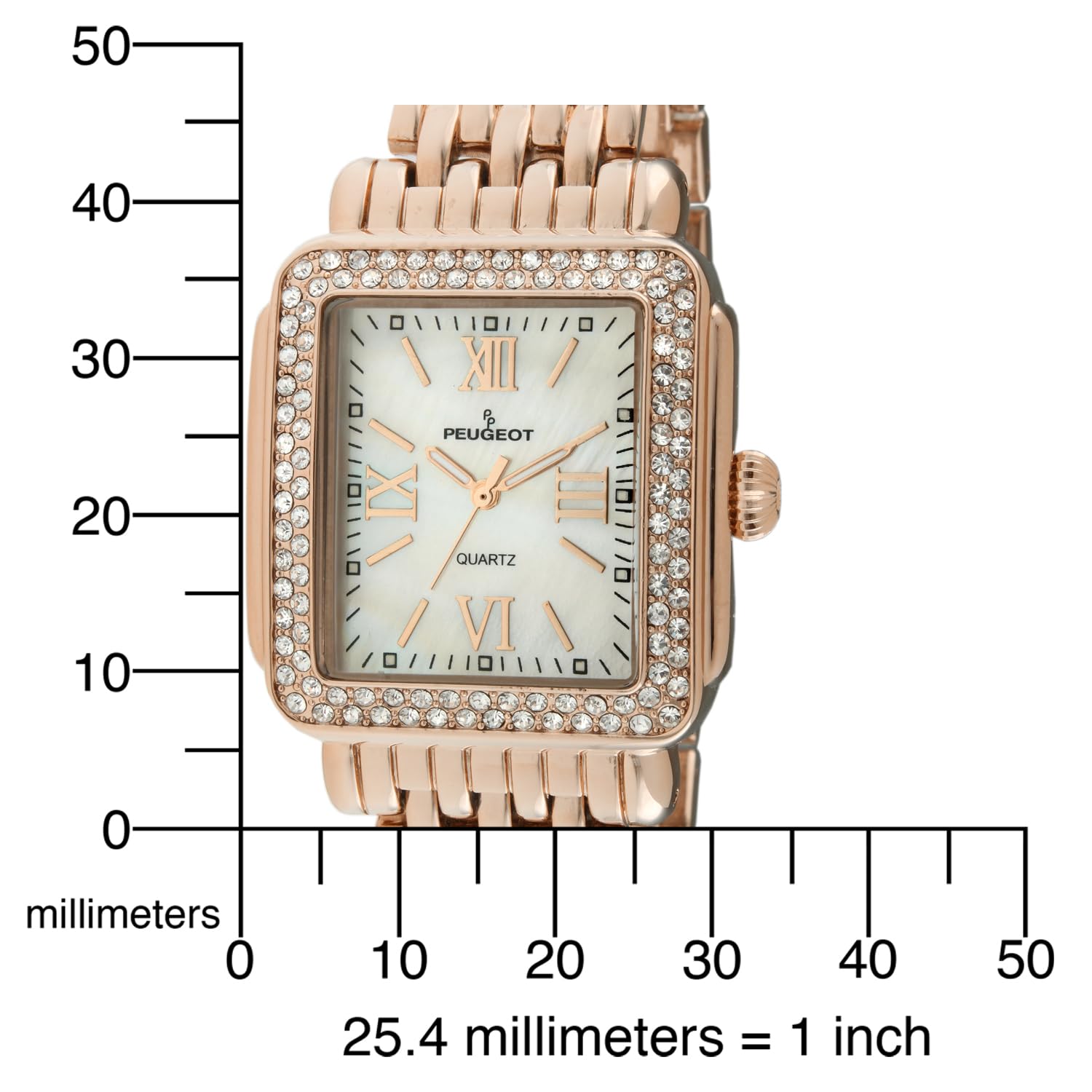 Peugeot Women Rectangle Dress Watch with Crystal Decorated Bezel, Roman Numerals and Bracelet