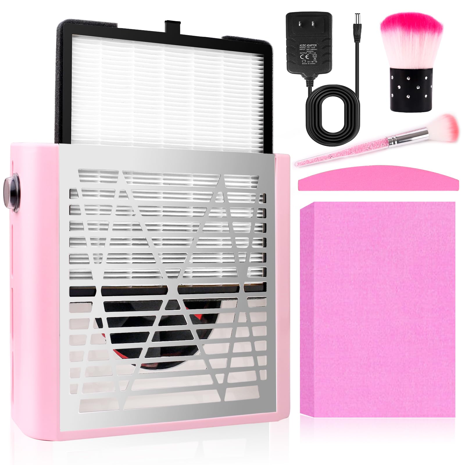 Photo 1 of Acrylic Nail Kit with Dust Collector for Nail Technicians - Includes Filter, Nail File, 2 Size Dust Cleaning Brushes (Red)