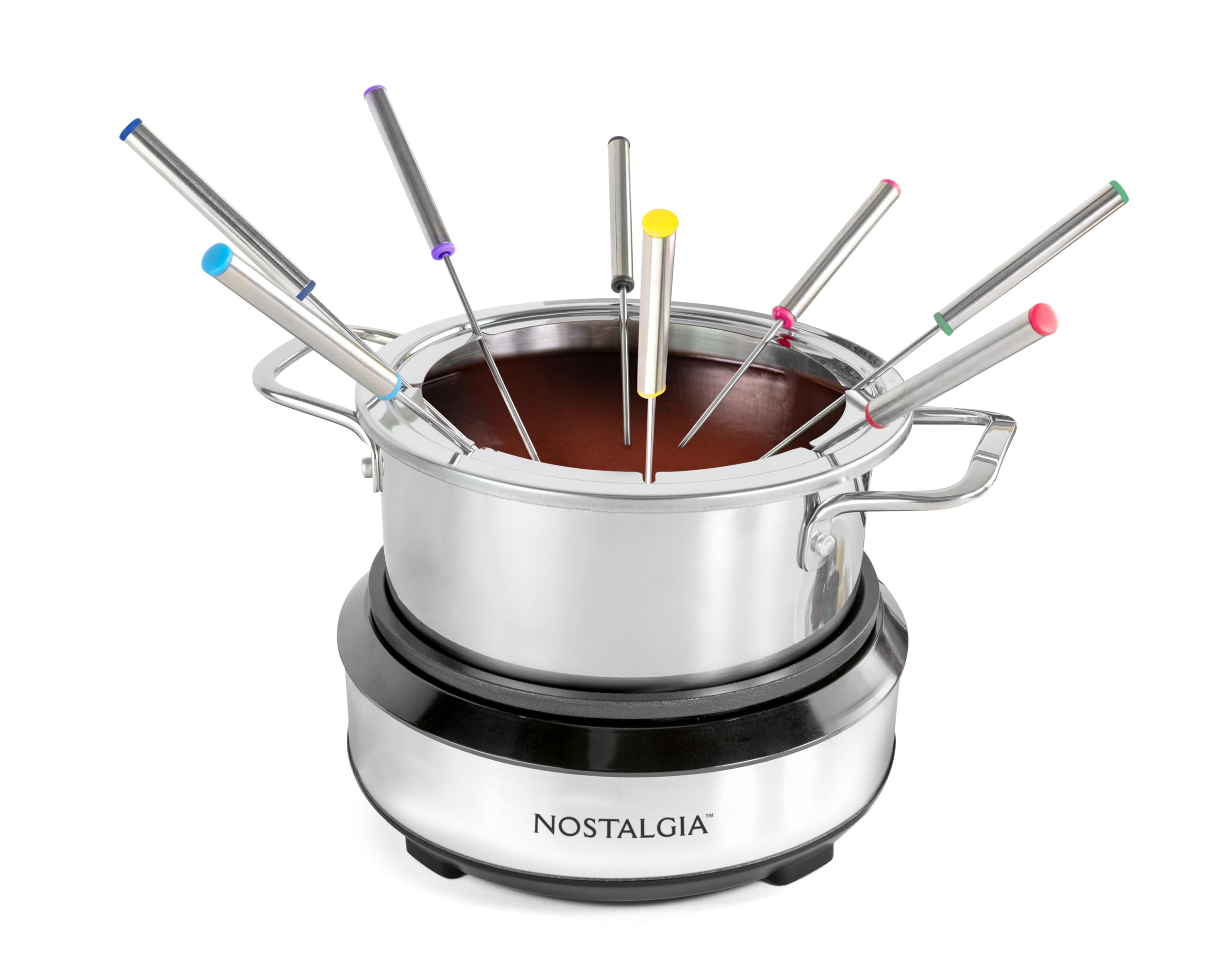 Nostalgia 8-Cup Electric Fondue Pot Set for Cheese & Chocolate - 8 Color-Coded Forks, Temperature Control - Kitchen Gadgets and Appliances for Hors d'Oeuvres and More - Stainless Steel Image
