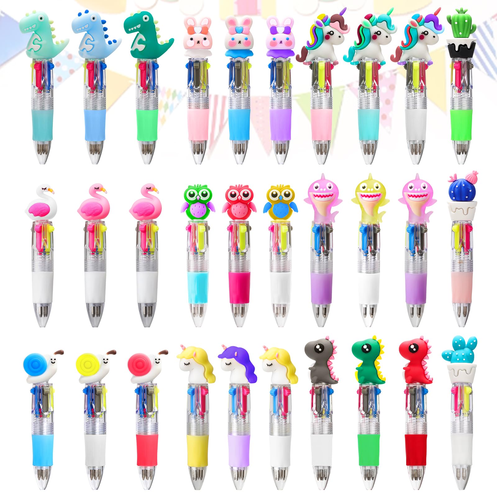 OPPZZIT Party Bag Fillers for Girls and Boys, 30 Pcs Multi Coloured Pens All in One, Cute 4 Color Animal Pen, Parties Favours for Kids Unisex, Cute Party Bag Ideas