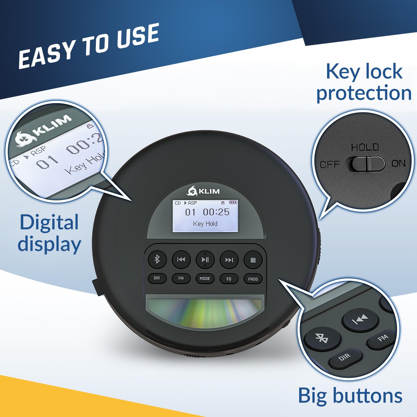 KLIM Nomad with Headset - New Version - Portable CD Player Walkman with Long-Lasting Battery - Radio FM - Compatible MP3 CD Player Portable - TF Card Radio FM Bluetooth - Ideal for Cars - Black