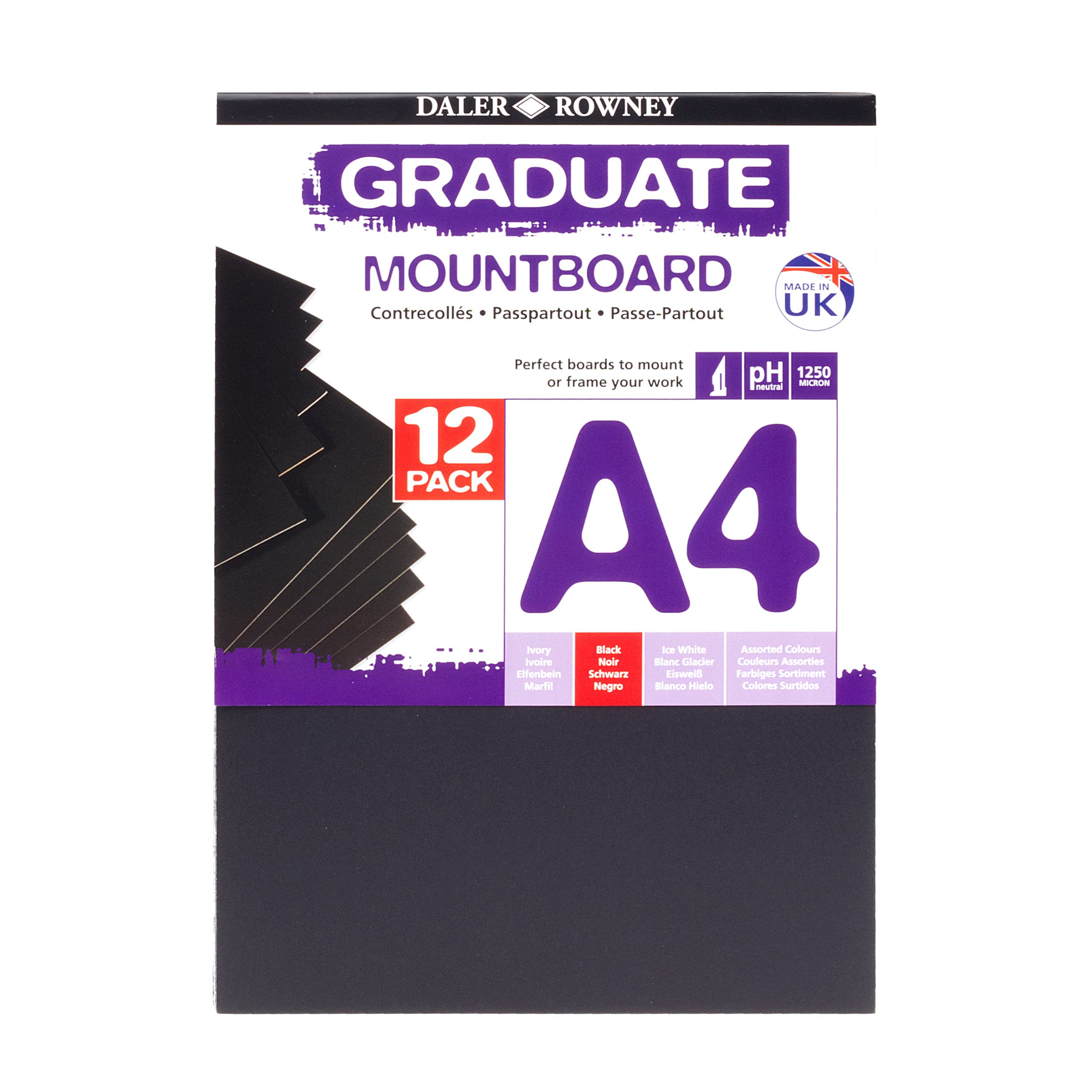Daler-Rowney Graduate Cream Core A4 Mountboard Pack, 12 x Black Smooth Surface, 1.25mm Thick, For Student Artists & Hobbyists