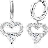 Sterling Silver Dangle Hoop Earrings Charms Lover Heart with White Plated CZ Love Heart Hypoallergenic Fashion Jewelry for Sensitive Ears Dainty Birthday Gift for Women