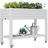 WTFGO Elevate 33.7" Tall Raised Garden Bed with Wheels, Divisible Resin Planter Box with Drainage Gauge &amp; Storage Shelf, Herb Planter for Garden Patio Backyard, Ashen (33.7" h)
