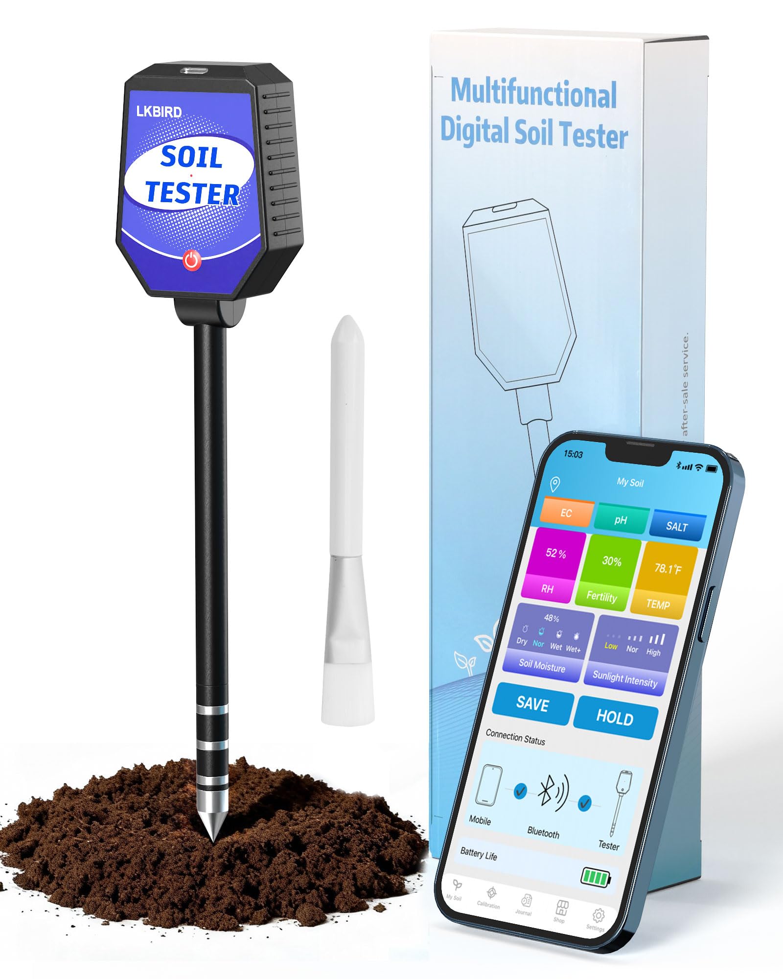 Photo 1 of 8-in-1 Soil Moisture Tester with APP Monitoring, Soil Moisture pH Meter, Light, Salinity, Fertility, EC, Temperature, Humidity Soil Test Kit for Garden, Farming, Lawns, Indoor & Outdoor Plants.