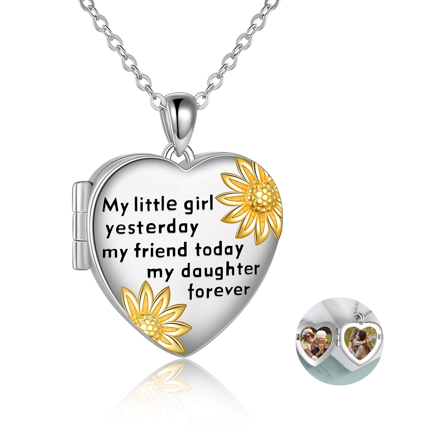 YFN Daughter Locket Necklace Sterling Silver Pendant Sunflower Love Jewellery Holds Pictures Birthday Gifts for Daughter