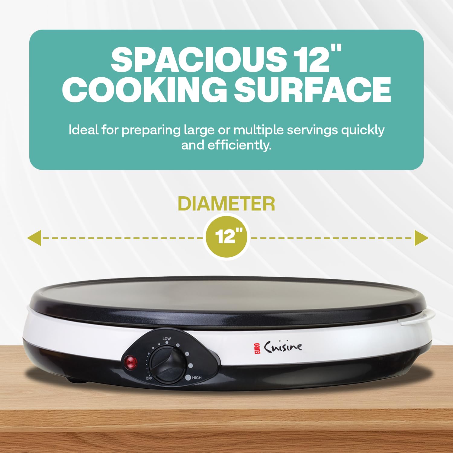 Euro Cuisine CM20 Electric Crepe Maker, 12 Inch Ceramic Non-stick Pan (PTFE PFOA Free), Adjustable Temperature Setting, Also Makes Roti, Dosa, Pancakes, Includes Batter Spreader, Turner and Ladle