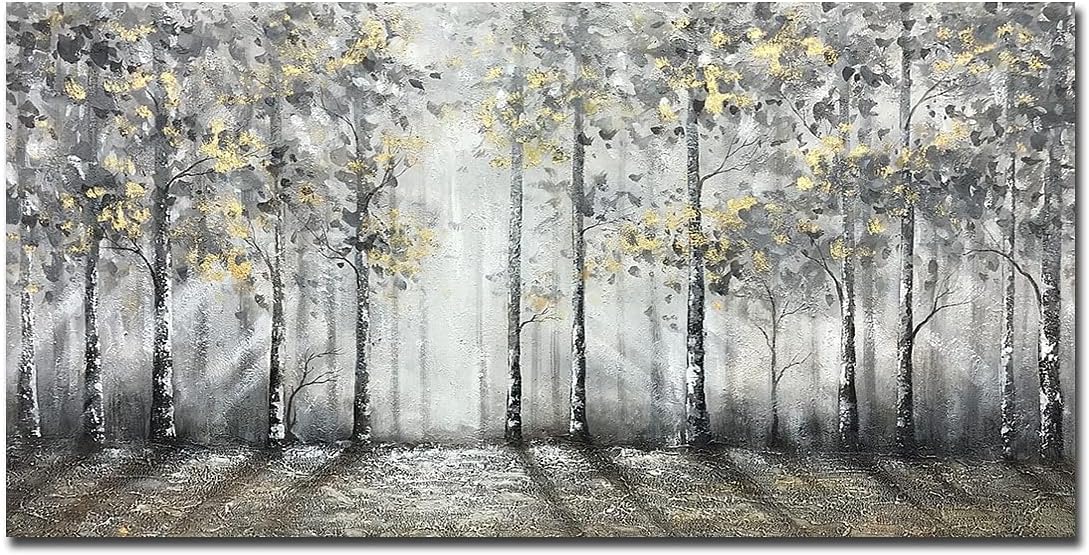 Paintings - V-inspire art, 24x48 Inch Modern Impressionist Tree art 100% Hand Painted Canvas Wall art Oil Painting Large Paintings Gray Wall Decoration Acrylic Paint Knife Painting