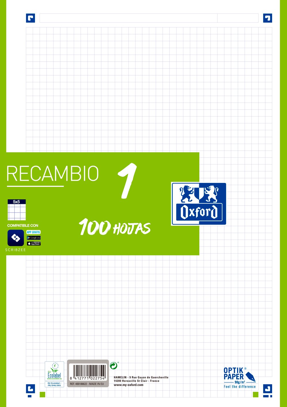 Oxford School A4 5 x 5 cm Refill - Green