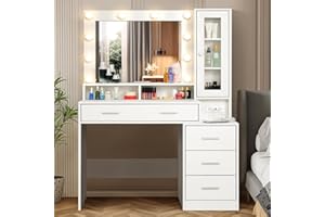 elifine Makeup Vanity Desk with Mirror and Lights, Modern Dressing Table Makeup Vanity Makeup Table with Drawer & 3 Lighting Modes for Women Girls (White with Charging Station)