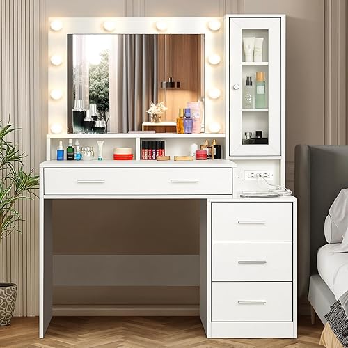 elifine Makeup Vanity Desk with Mirror and Lights, Modern Dressing - Main Image