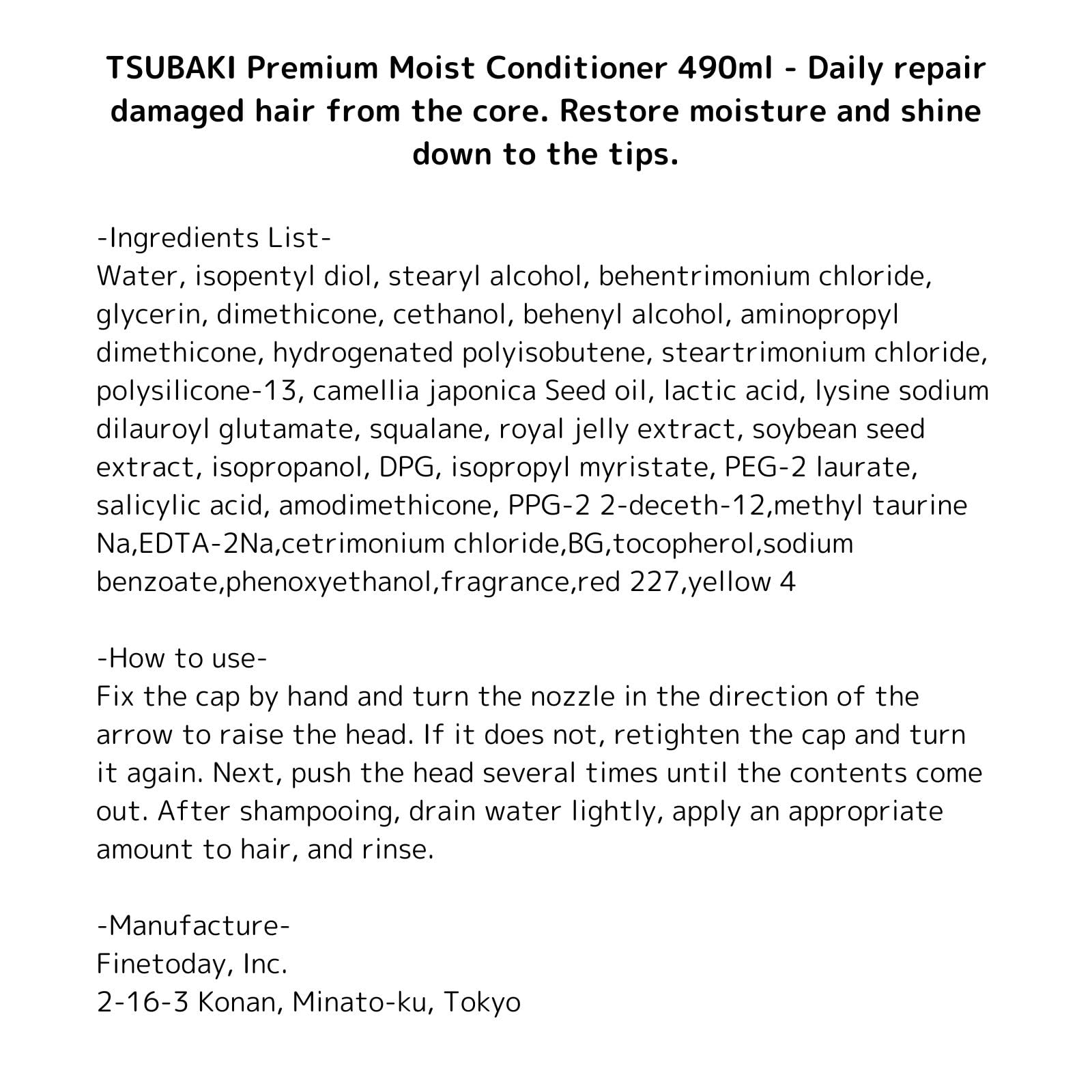Tsubaki Premium Moist Conditioner 490ml - Daily repair damaged hair from the core. Restore moisture and shine down to the tips.