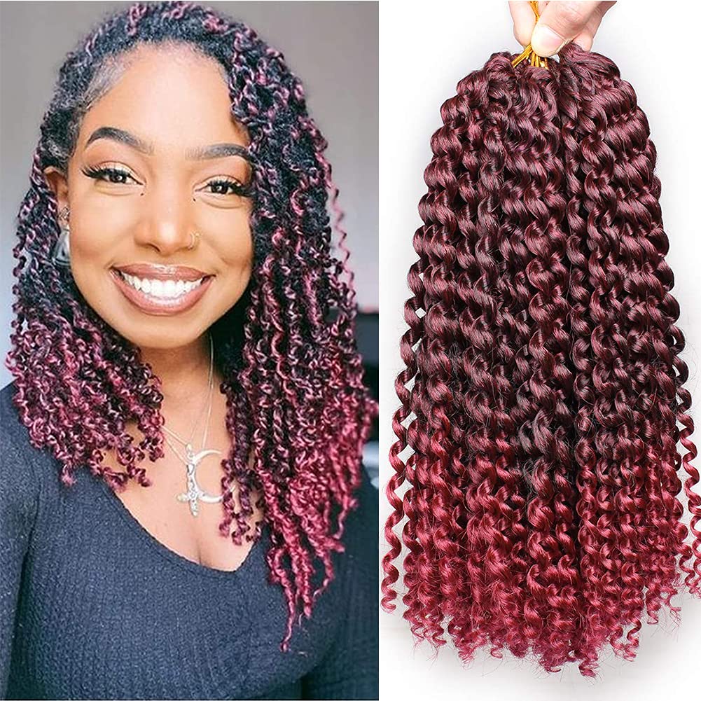 Xtrend 7 Pack 12 Inch Passion Twist Hair Ombre Burgendy Water Wave Synthetic Crochet Braids for Short Passion Twist Braiding Hair Goddess Locs Bohemian Curl Hair Extensions TBUG#