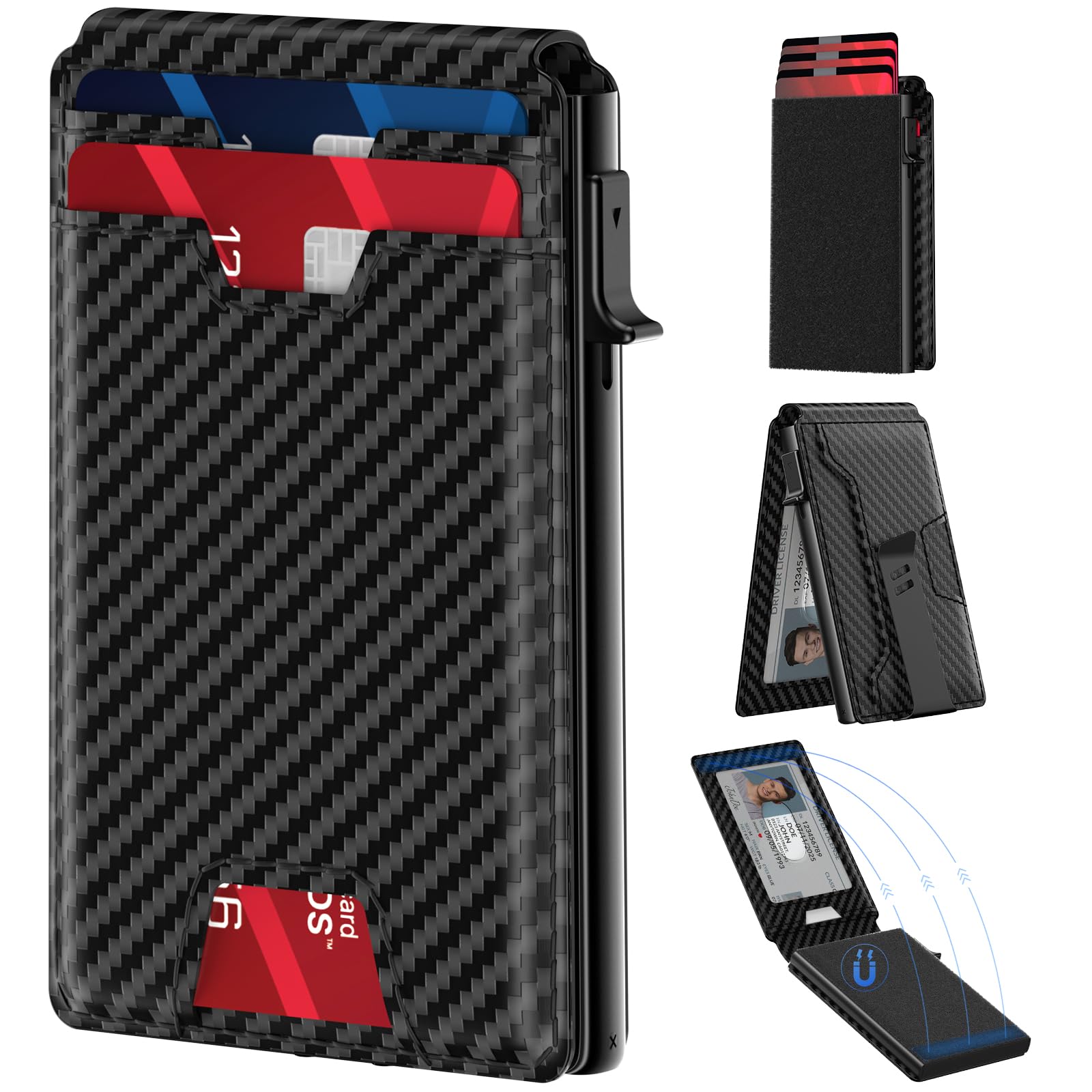 Men's Genuine Leather Bifold Wallet With Card Holder & Smart Tracker - Large Capacity, Carbon Fiber Look, Black - View #8