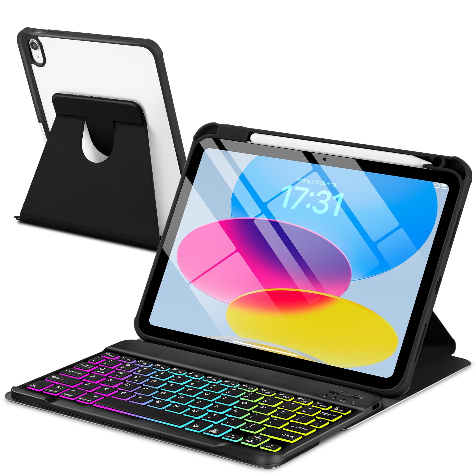 Photo 1 of EAMPANG Case with Keyboard for iPad A16 11th 10th Generation 11/10.9 inch,Rainbow Backlit Detachable Keypad Rotatable Magnetic Cover with Pencil Holder for iPad 11 2025 10 Gen 2022 Black