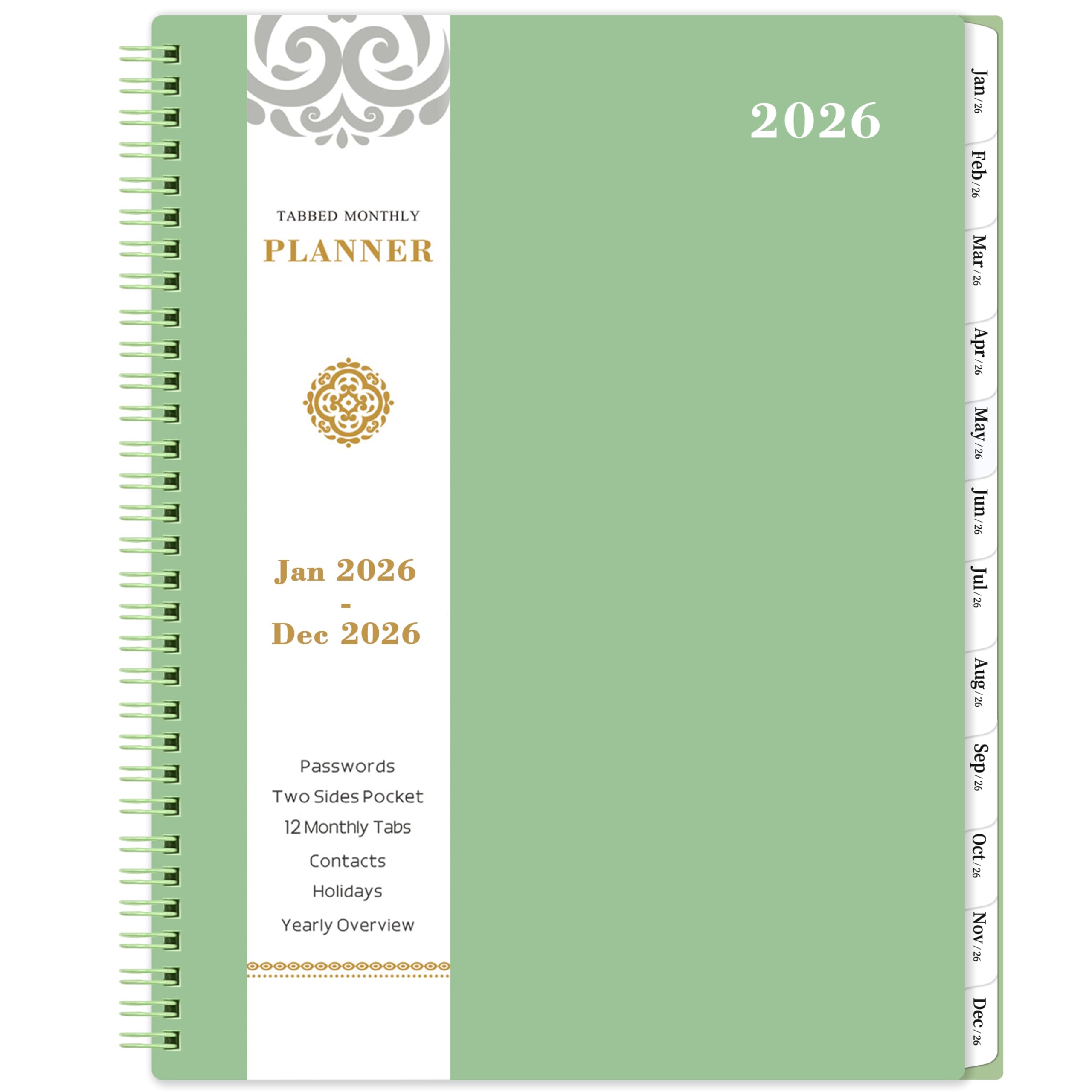 Photo 1 of 2026 Monthly Planner - 2026 Planner/Calendar, Jan 2026 - DEC 2026, 9" x 11", Thick Paper, Twin-Wire Binding, Monthly Planner with Tabs & Pocket & Label, Green