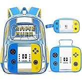 Jafeton Clear Backpack for Boys, PVC Transparent Cool Luminous Gamer Backpack for Boys Girls Kids Children Teens Elementary Middle School, Clear Bookbag with Lunch Box & Pencil Case Set (Blue Yellow)