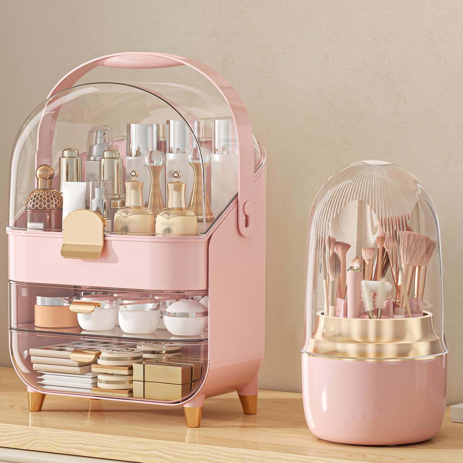 Photo 1 of Makeup Organizer, Skincare Holder Bathroom Counter Organizer, Storage Box Cosmetic Display Cases, Teen Girl Gifts Trendy Stuff Make up Organizers for Vanity, Dresser, Countertop (Pink)