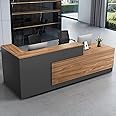 Modern L-Shaped Reception Desk with Hutch, Reception Counter Table, Lockable Drawer Door Cabinet, Office Wooden Computer Front Desk (European Oak+lron Gray-Left Cabinet, 110.24"L*23.62"W*41.34"H)
