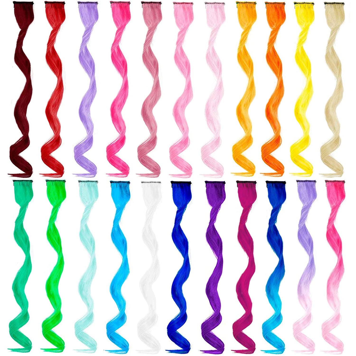 Photo 1 of 22 PCS Colored Hair Extensions Clip in, Curly Wavy Colorful Extension for Kids Girls - Party Highlights Synthetic Hairpiece 17 inch