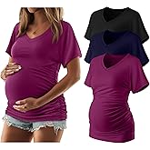 Ficerd 3 Packs Womens Maternity Shirts V Neck Dolman Short Sleeve Loose Side Ruched Tunic Tops Pregnancy Clothes