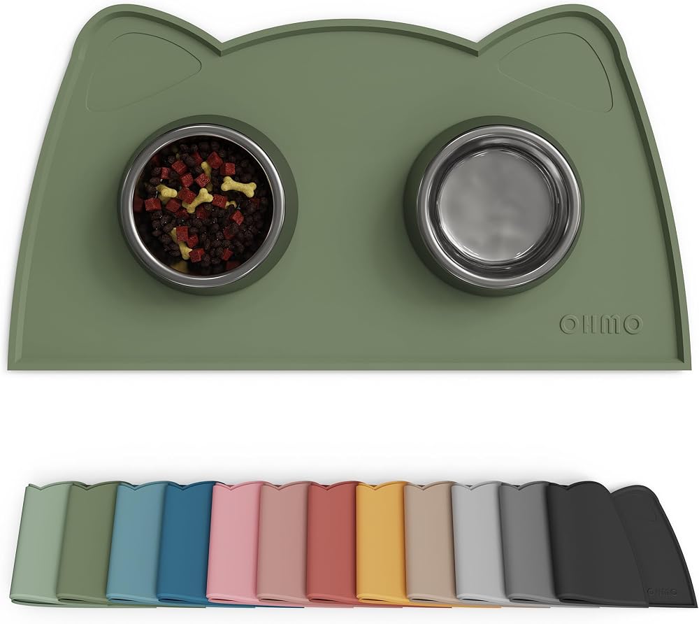 OHMO Cat Food Mat Silicone Waterproof Non-Skid 46x25 cm Camouflage Green