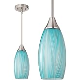 EDISHINE Pendant Lights Kitchen Island, Blue Handcrafted Art Glass, Blown Glass Pendant with 5.12” Dia x 11.40” H Shade, Teal