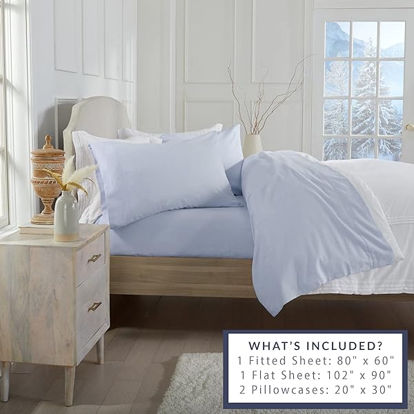 MARKET & PLACE 100% TURKISH COTTON FLANNEL SHEET SET | 4 PIECE DEEP POCKET SOLID COZY WINTER BED SHEETS | DOUBLE BRUSHED FOR EXTRA SOFTNESS & COMFORT | CHALET COLLECTION (QUEEN, LIGHT BLUE)