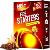 Melt Candle Fire Starter 160 Cubes for Charcoal Grill, Campfire &amp; Fireplace | Natural wax &amp; sawdust squares burn 6 minutes and light briquettes, wet logs or kindling with one match - no lighter fluid