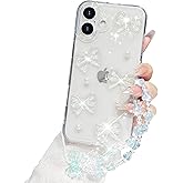 Vinlayss Compatible for iPhone 16 Plus Case (6.7-inches, 2024) with Cute 3D Bowknot and Pearl Patterns + Bow Crystal Sparkle Sparkly Chain Aesthetic Design for Women Teen Girls