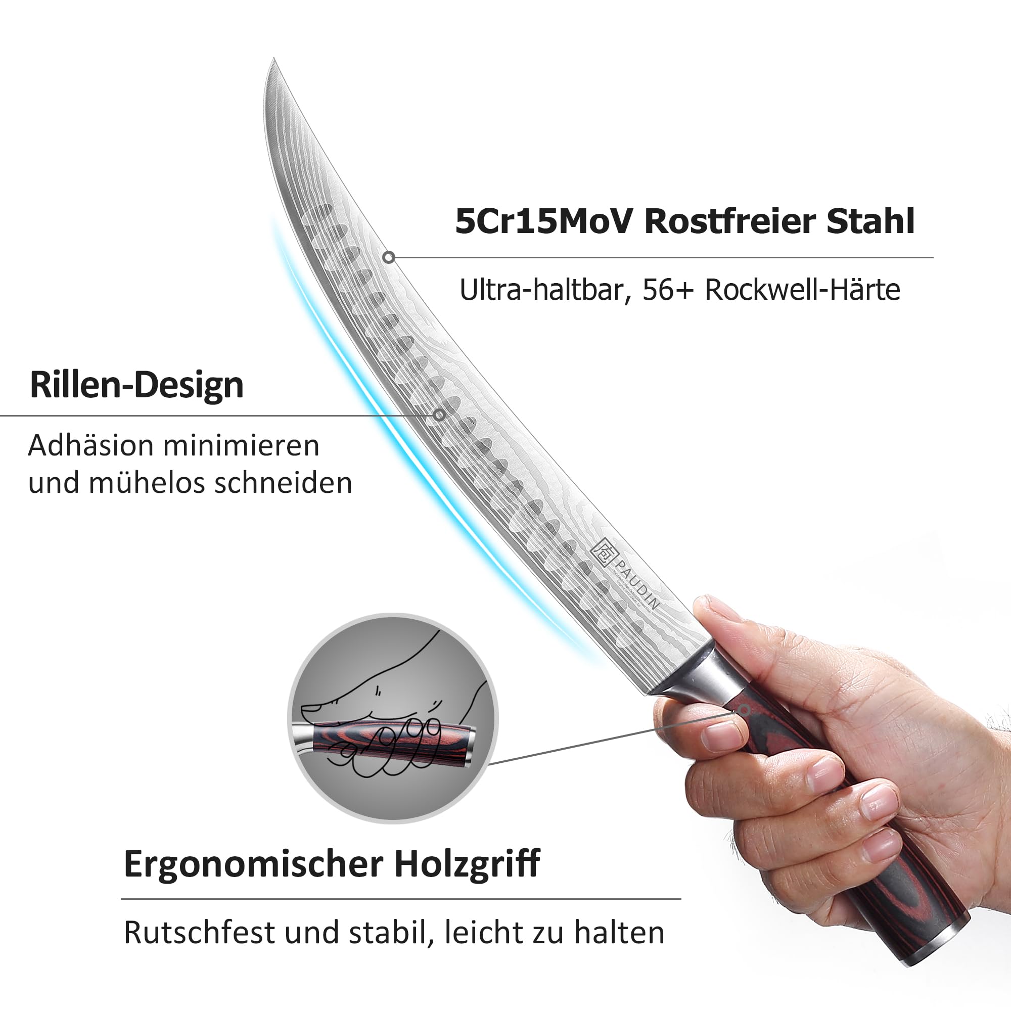 PAUDIN Fleischmesser extrem scharf 25cm Metzgermesser profi Messer Küchenmesser als Schlachtermesser Schinkenmesser Tranchiermesser aus hochwertigem Edelstahl mit ergonomischem Holzgriff 2