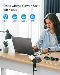 Desk Clamp Power Strip, Surge Protector with 5 AC