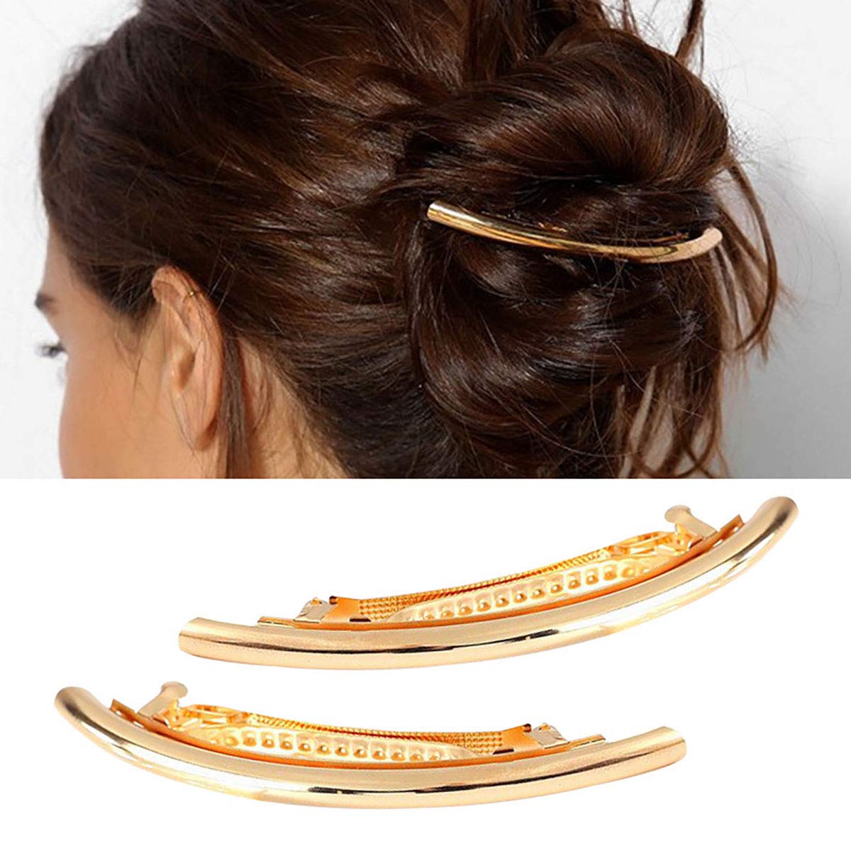 2PCS Women Metal Alloy French Hair Barrette Hair Clip Simple Durable Hair Pin Hair Accessories Spring Clips (Gold)