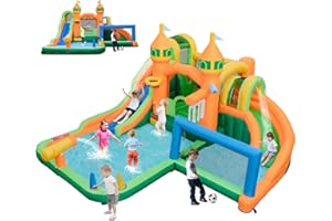 HONEY JOY Inflatable Water Slide, 9 in 1 Waterslide Bounce House Water Park w/Dual Slides, Splash Pool, Climb Wall, Soccer Gate, Water Slides Inflatables for Kids and Adults Backyard(Without Blower)