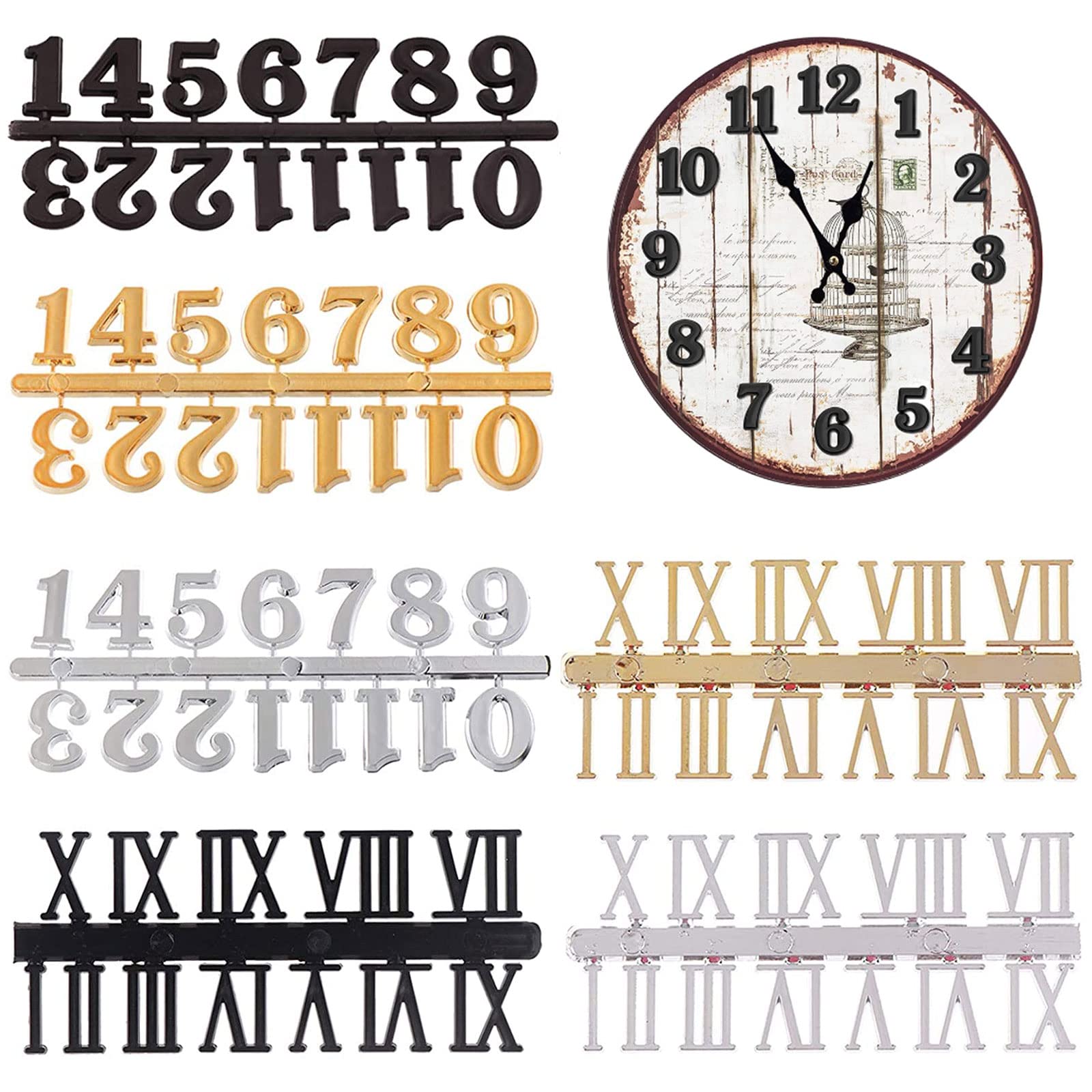 Photo 1 of Clock Numerals Kit DIY Digital Clock Numbers Arabic Number and Roman Number for Clock Hands Replacement Parts Clock Accessories in Black Silver Gold (6 Pieces)