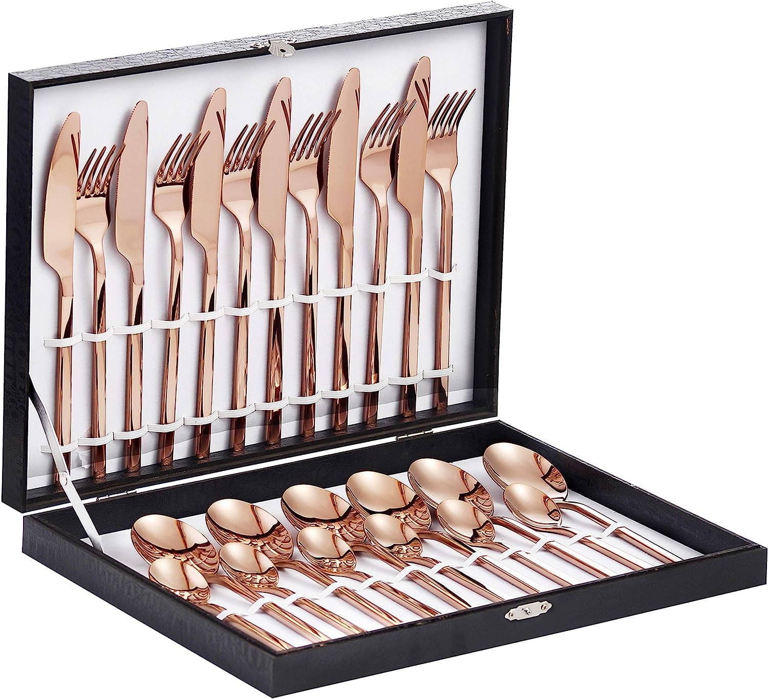 Velaze 24-Piece Rose Gold Silverware Set Cutlery Set, Stainless Steel Cutlery Set for 6 People Include Dinner Spoon, Dinner Fork, Dinner Knife and Tea Spoon, Mirror Polished Design