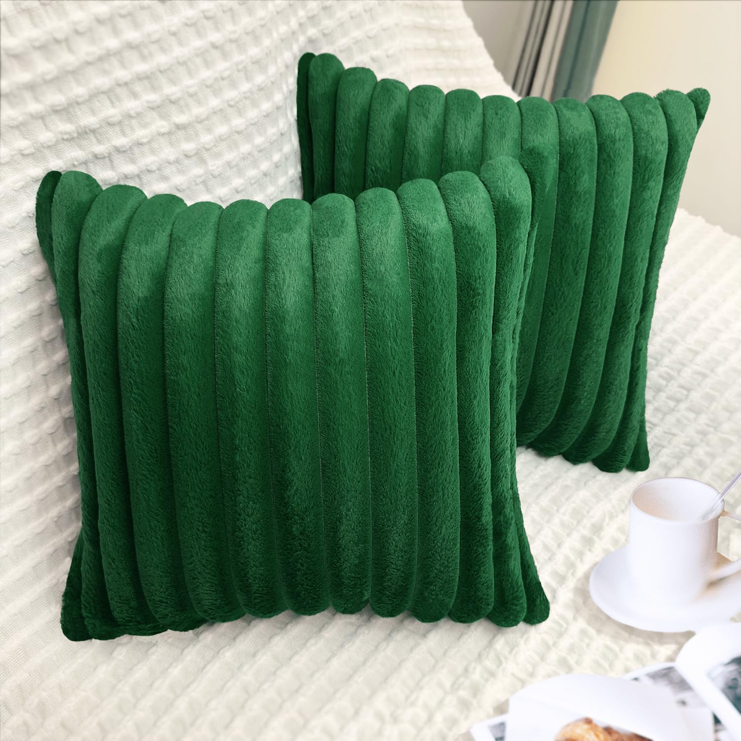 Photo 1 of 2 Pack 18x18 Pillow Cover Velvet Pillow Covers, Faux Fur Square Throw Pillow Covers for Living Room Decorations Throw Pillow Case, Throw Pillow Cover Cushion Cover for Sofa Bedroom Car, Dark Green