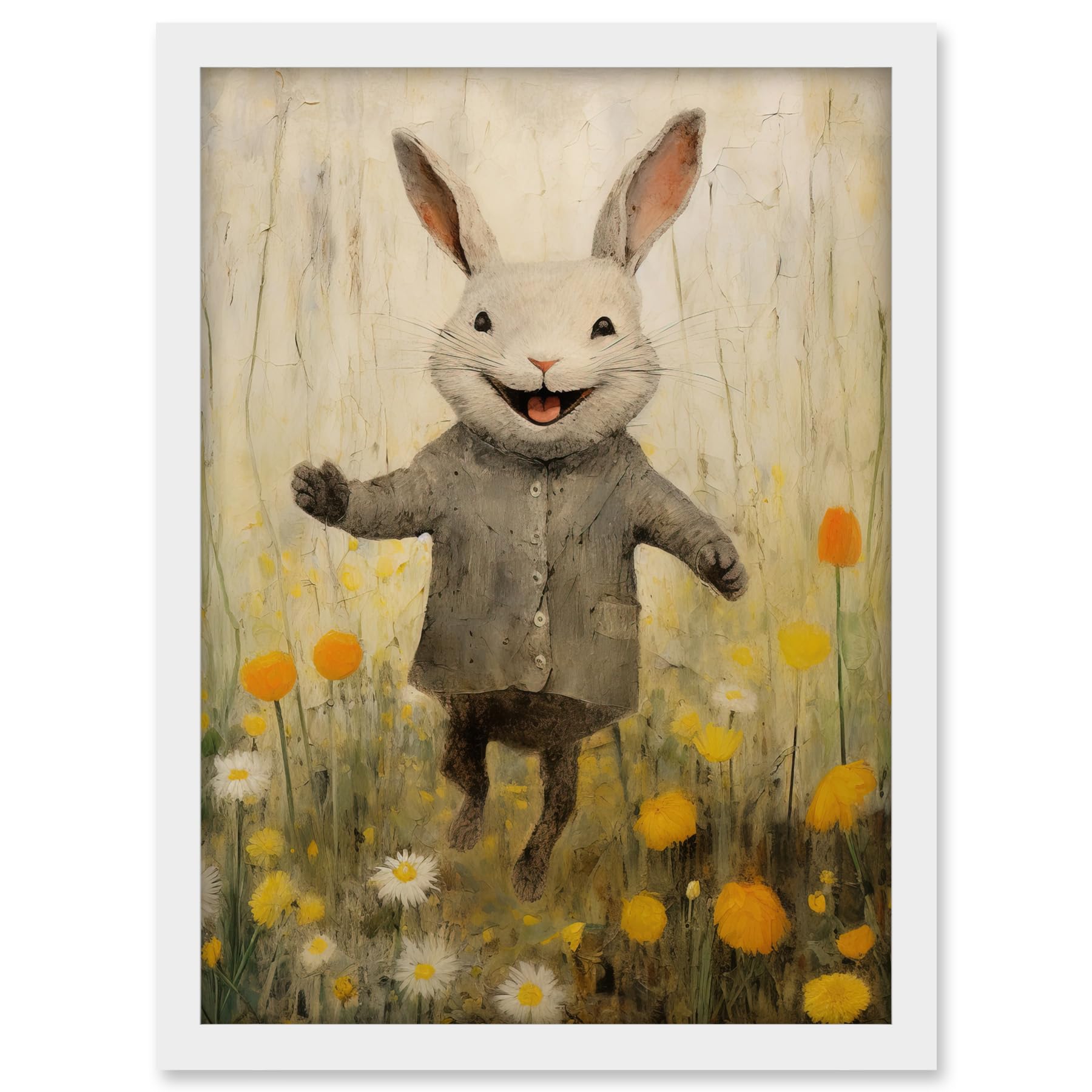 Artery8 Raincoat Rabbit Happy Bunny Flower Meadow Kids Girls Bedroom Nursery Artwork Framed A3 Wall Art Print